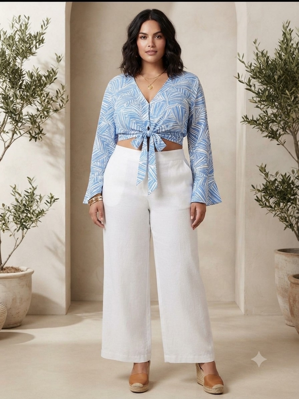 Shade & Shore Blue Leaf-Print Tie-Front Top